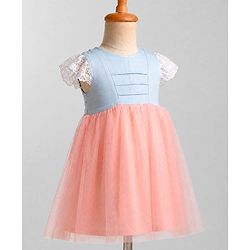 Babyhug Mesh Woven Cap Sleeves Frock With Floral Applique - Peach