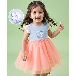 Babyhug Mesh Woven Cap Sleeves Frock With Floral Applique - Peach