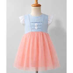 Babyhug Mesh Woven Cap Sleeves Frock With Floral Applique - Peach
