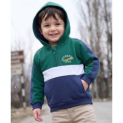 Babyhug Fleece Knit Heavy Gauge Full Sleeves Front Open Warm Hooded Sweatshirt With Text Print - Dark Green