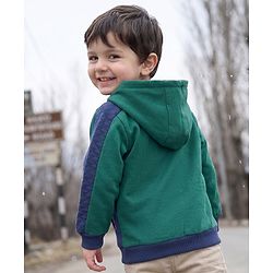 Babyhug Fleece Knit Heavy Gauge Full Sleeves Front Open Warm Hooded Sweatshirt With Text Print - Dark Green