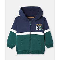 Babyhug Heavy Gauge Fleece Knit Full Sleeves Hooded Sweat Jacket With Text Print - Navy Blue