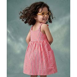 Babyhug Woven One Piece Dress and Purse with Sleeveless and Striped Print - Red