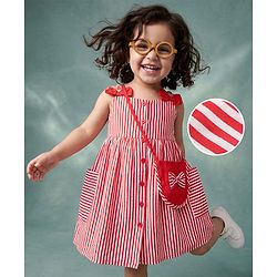 Babyhug Woven One Piece Dress and Purse with Sleeveless and Striped Print - Red