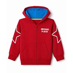Babyhug Fleece Knit Full Sleeves Front Open Heavy Gauge Warm Sweatshirt With Awesome Player Print - Red