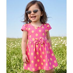 Babyhug Single Jersey Knit Frock with Half Sleeves, Flutter Sleeves and Floral Print in Pink