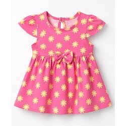 Babyhug Single Jersey Knit Frock with Half Sleeves, Flutter Sleeves and Floral Print in Pink