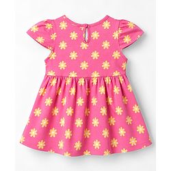 Babyhug Single Jersey Knit Frock with Half Sleeves, Flutter Sleeves and Floral Print in Pink