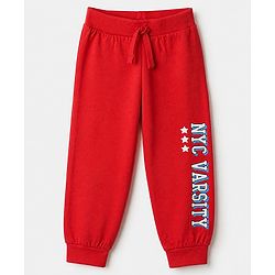 Babyhug Cotton Jersey Knit Full Length Lounge Pant with Drawstring and Nyc Varsity Text in Blue Yellow & Red Pack of 3