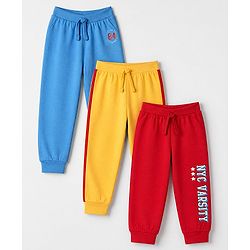Babyhug Cotton Jersey Knit Full Length Lounge Pant with Drawstring and Nyc Varsity Text in Blue Yellow & Red Pack of 3