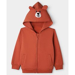 Babyhug Heavy Gauge Fleece Knit Front Open Full Sleeves Warm Hooded Sweat Jacket With Applique - Coral