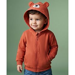 Babyhug Heavy Gauge Fleece Knit Front Open Full Sleeves Warm Hooded Sweat Jacket With Applique - Coral