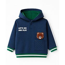 Babyhug Fleece Knit Front OPen Heavy Gauge Warm Full Sleeves Hooded Sweatshirt With Bear Patch & Text Print - Navy Blue