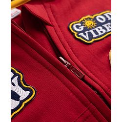 Babyhug Cotton Blend Fleece Knit Front Open Heavy Gauge Warm Full Sleeves Hooded Sweatshirt with Good Vibes & Have a Nice Day Patch and Smiley Face Patch - Red
