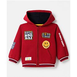 Babyhug Cotton Blend Fleece Knit Front Open Heavy Gauge Warm Full Sleeves Hooded Sweatshirt with Good Vibes & Have a Nice Day Patch and Smiley Face Patch - Red
