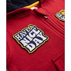 Babyhug Cotton Blend Fleece Knit Front Open Heavy Gauge Warm Full Sleeves Hooded Sweatshirt with Good Vibes & Have a Nice Day Patch and Smiley Face Patch - Red