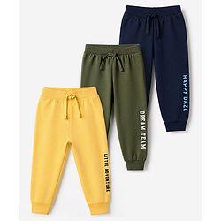 Babyhug Cotton Jersey Knit Full Length Lounge Pants With Text Print Pack Of 3 - Mustard Olive Green & Navy Blue