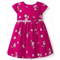 Babyhug 100% Cotton Woven Half Sleeves Frock with Floral Print & Applique - Pink