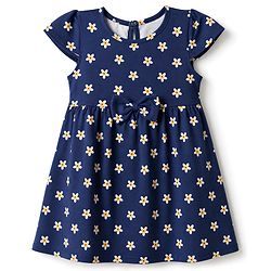 Babyhug Single Jersey Cotton Knit Frock with Half Sleeves and Floral Print - Blue
