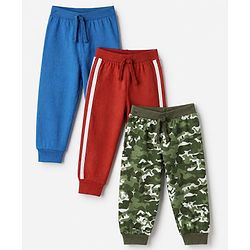 Babyhug Cotton Jersey Knit Full Length Track Pants with Camouflage Print Pack of 3 in Blue Green & Red