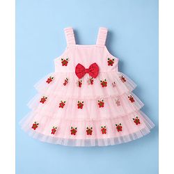 Babyhug Mesh Woven Layered Sleeveless Dress with Bow and Floral Embroidery - Pink