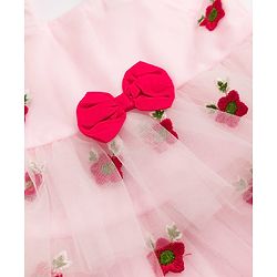 Babyhug Mesh Woven Layered Sleeveless Dress with Bow and Floral Embroidery - Pink