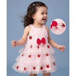 Babyhug Mesh Woven Layered Sleeveless Dress with Bow and Floral Embroidery - Pink
