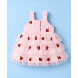 Babyhug Mesh Woven Layered Sleeveless Dress with Bow and Floral Embroidery - Pink