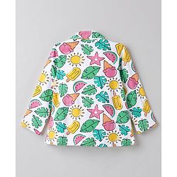 Babyhug 100% Cotton Knit Full Sleeves Watermelon Printed Co-Ords Front Open Shirt & Pyjama Night Suit - White