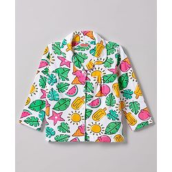 Babyhug 100% Cotton Knit Full Sleeves Watermelon Printed Co-Ords Front Open Shirt & Pyjama Night Suit - White