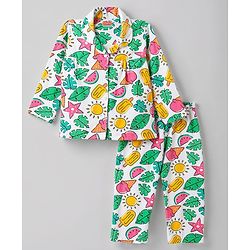 Babyhug 100% Cotton Knit Full Sleeves Watermelon Printed Co-Ords Front Open Shirt & Pyjama Night Suit - White