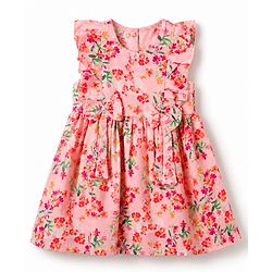 Babyhug Cotton Woven Frill Sleeves Frock with Floral Print - Peach