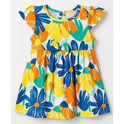 Babyhug Single Jersey Knit Half Sleeves One Piece Dress with Floral Print - Yellow & Blue
