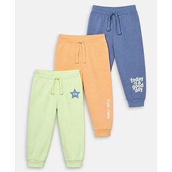 Babyhug Cotton Jersey Knit Full Length Joggers with Star Print Pack of 3 - Green Blue & Peach
