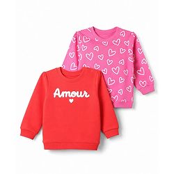 Babyhug 100% Cotton Terry Knit Full Sleeves Hearts & Amour Printed Sweatshirts Pack Of 2 - Red & Dark Pink