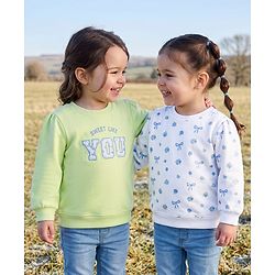 Babyhug Heavy Gauge 100% Cotton Terry Knit Full Sleeves Sweatshirts With Floral & Text Print Pack of 2 - White & Light Green