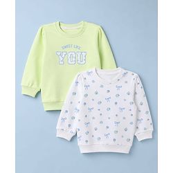Babyhug Heavy Gauge 100% Cotton Terry Knit Full Sleeves Sweatshirts With Floral & Text Print Pack of 2 - White & Light Green