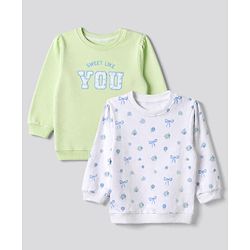 Babyhug Heavy Gauge 100% Cotton Terry Knit Full Sleeves Sweatshirts With Floral & Text Print Pack of 2 - White & Light Green