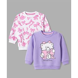 Babyhug 100% Cotton Heavy Gauge Terry Knit Full Sleeves Bow & Kitty Printed Sweatshirts Pack Of 2 - Purple & White