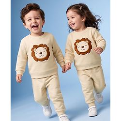 Babyhug Knit Full Sleeves Winter Wear Suit With Lion Patch - Cream