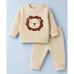Babyhug Knit Full Sleeves Winter Wear Suit With Lion Patch - Cream
