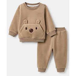 Babyhug Knit Full Sleeves Winter Wear Suits with Bear Applique - Beige