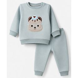 Babyhug Knit Full Sleeves Winter Wear Suit With Animal Embroidery - Blue