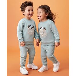 Babyhug Knit Full Sleeves Winter Wear Suit With Animal Embroidery - Blue