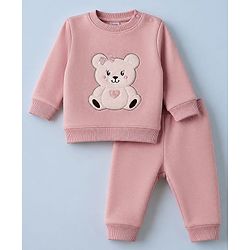 Babyhug Knit Full Sleeves Winter Wear Suit With Bear Patch - Pink