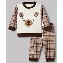 Babyhug Knit Full Sleeves Top and Jogger with Bear Patch & Ear Applique in Cream