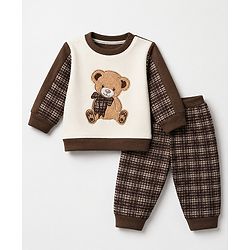 Babyhug Knit Sweatshirt and Pant with Full Sleeves and Bear Applique in Brown for 0-3 Months