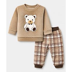 Babyhug Knit Full Sleeves Winter Wear Suit With Bear Patch - Brown