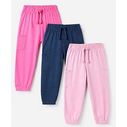 Babyhug Cotton Knit Jogger Fit Full Length Solid Lounge Pant Pack of 3 in Pink Navy Blue