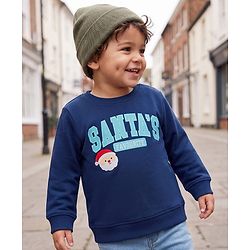 Babyhug 100% Cotton Terry Knit Sweatshirt with Full Sleeves and Santa' Favourite Text Print - Navy Blue
